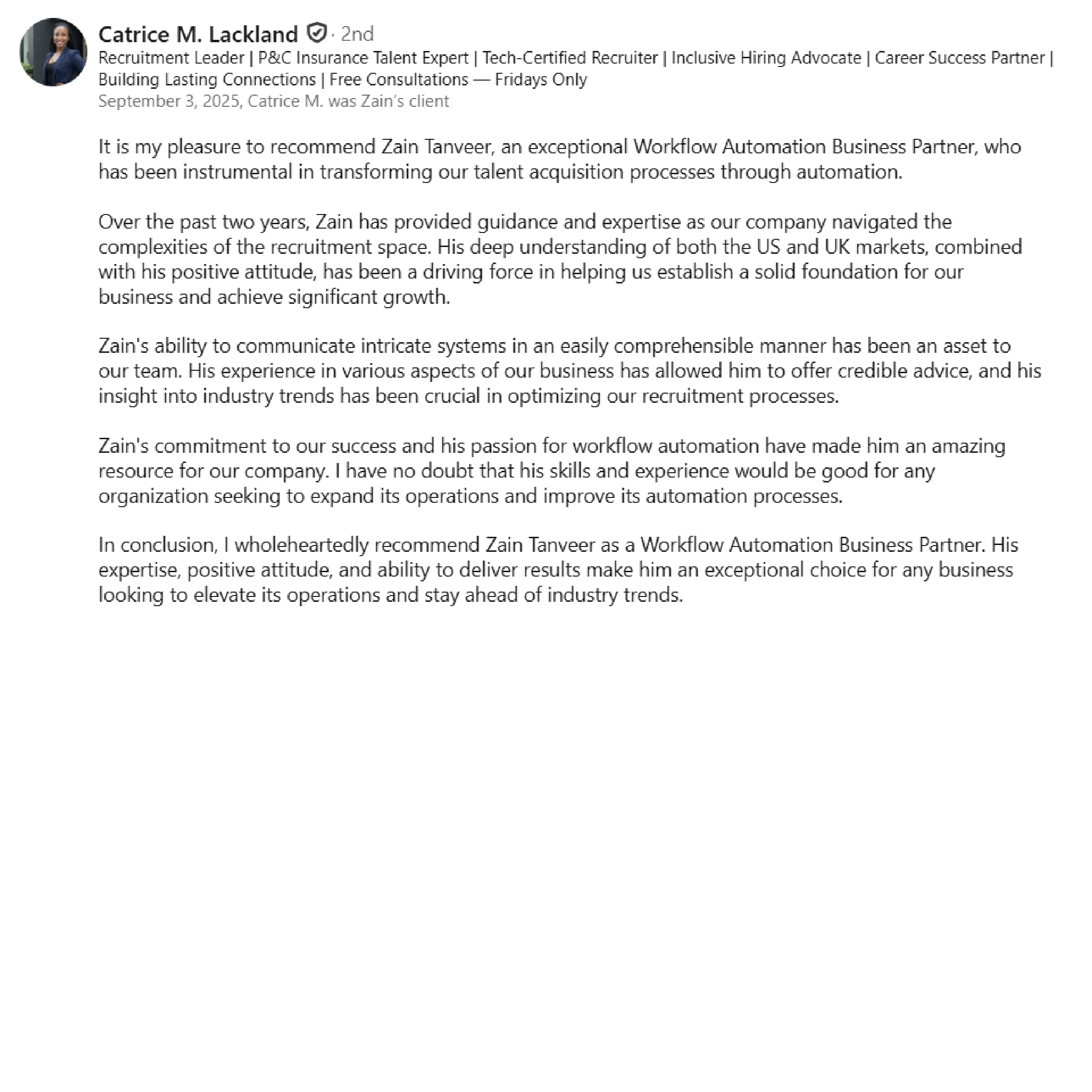 LinkedIn recommendation from Catrice M. Lackland